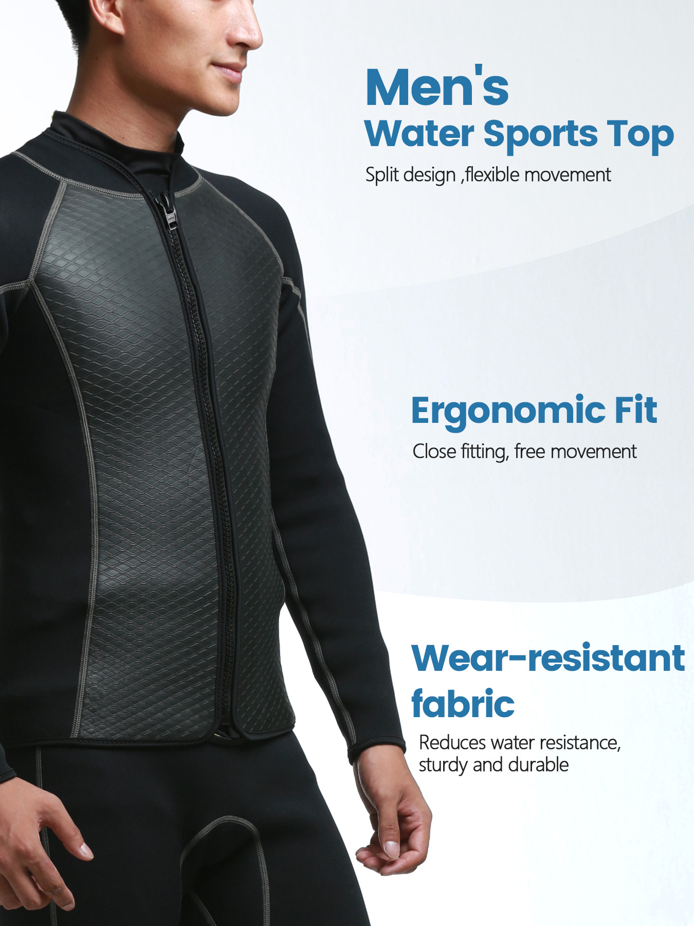 HISEA Men Front Zip Wetsuit Top 3mm Neoprene Long Sleeve Diving Jacket Thermal Stretch Swim Shirt for Surfing Snorkeling Kayaking