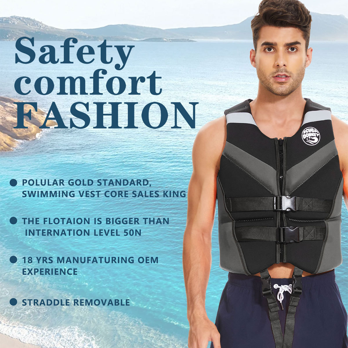 1 Adjustable Neoprene Adult Safety Life Vest Double Buckle Flotation Jacket for Surf Boating Snorkeling