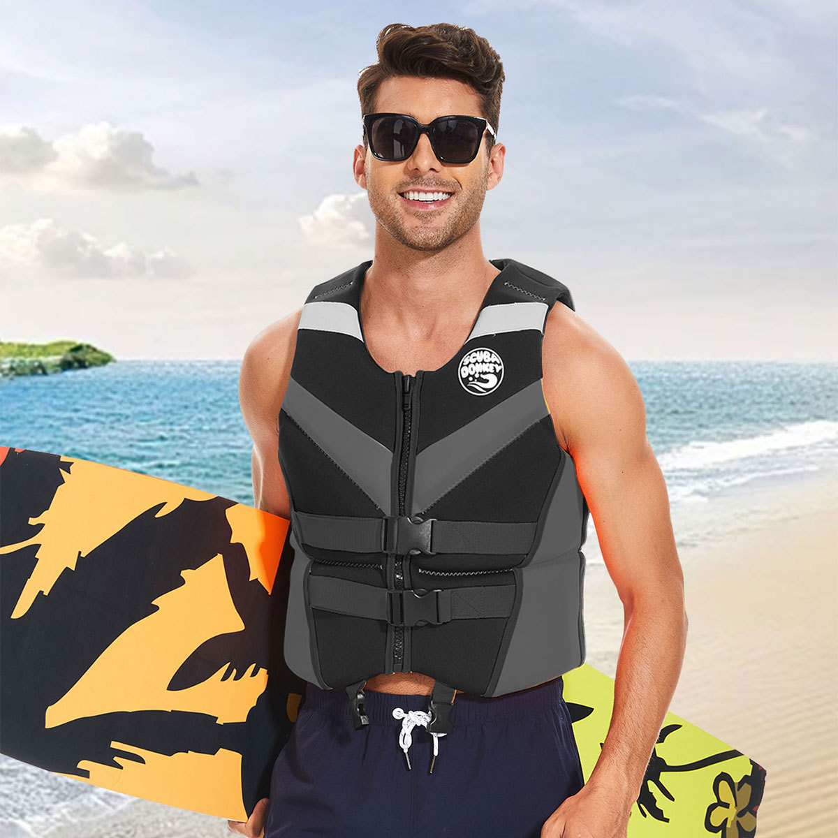 3 Adjustable Neoprene Adult Safety Life Vest Double Buckle Flotation Jacket for Surf Boating Snorkeling