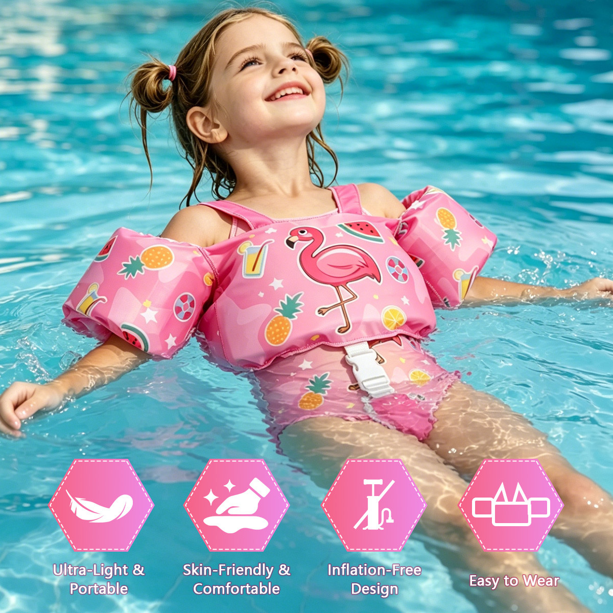 3 2 in 1 Toddler Swim Vest with Integrated Arm Floaties Cartoon Print Kids Safety Flotation Vest