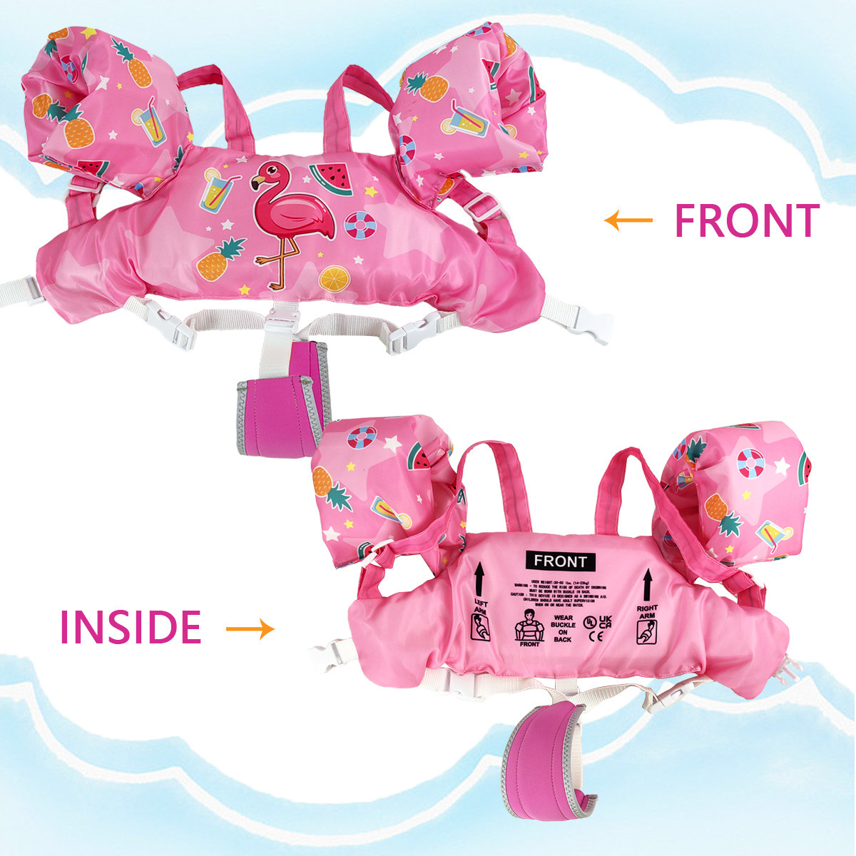 5 Toddler Swim Vest Integrated Arm Floaties Adjustable Kids Flotation Vest Cartoon Print for Swimming Pool Beach