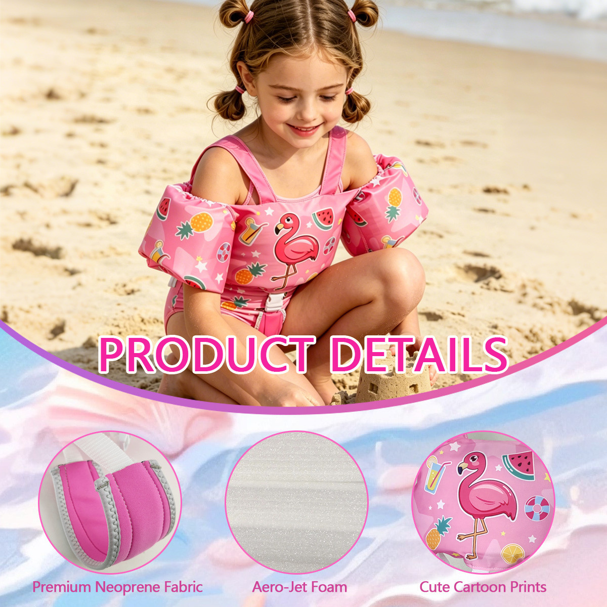 6 Toddler Swim Vest Integrated Arm Floaties Adjustable Kids Flotation Vest Cartoon Print for Swimming Pool Beach