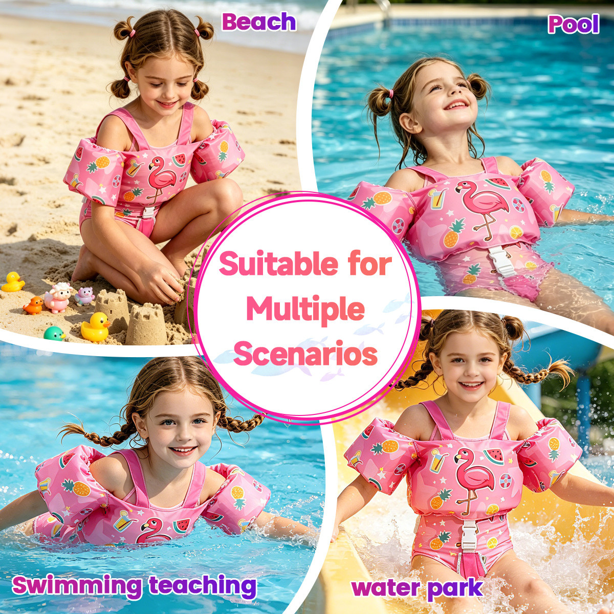 7 Toddler Swim Vest Integrated Arm Floaties Adjustable Kids Flotation Vest Cartoon Print for Swimming Pool Beach
