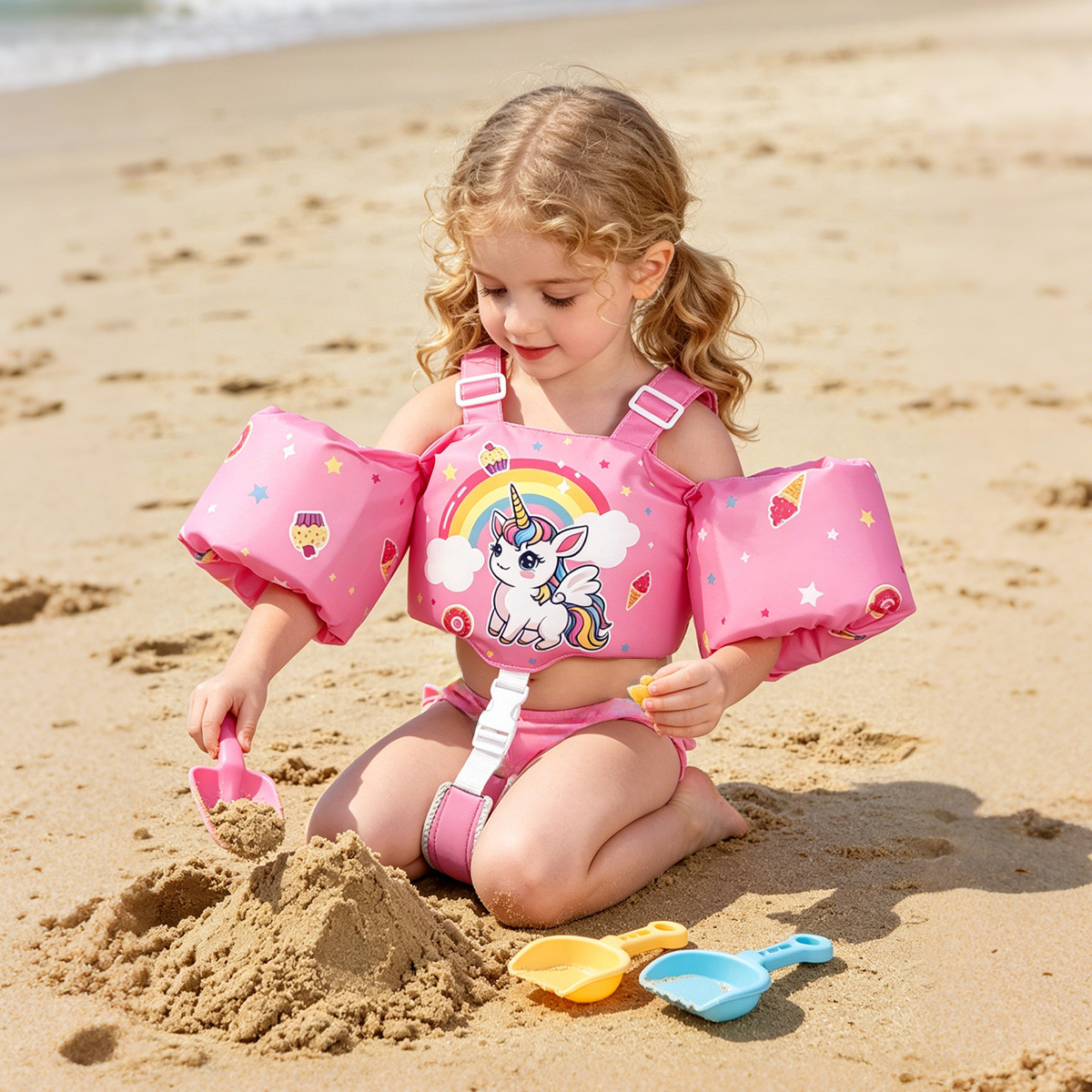 L262-000 Toddler Swim Vest Integrated Arm Floaties Adjustable Kids Flotation Vest Cartoon Print for Swimming Pool Beach