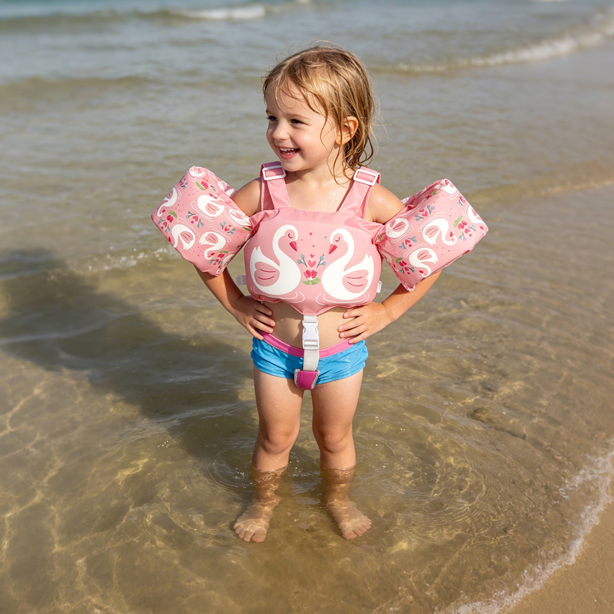Toddler Swim Vest Integrated Arm Floaties Adjustable Kids Flotation Vest Cartoon Print for Swimming Pool Beach