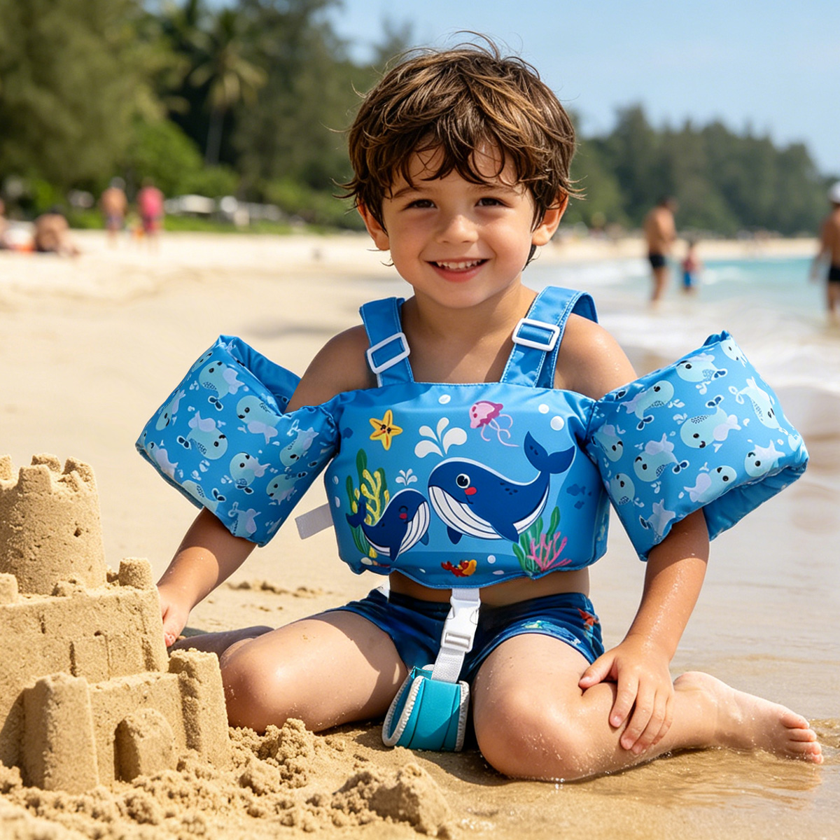 Toddler Swim Vest Integrated Arm Floaties Adjustable Kids Flotation Vest Cartoon Print for Swimming Pool Beach