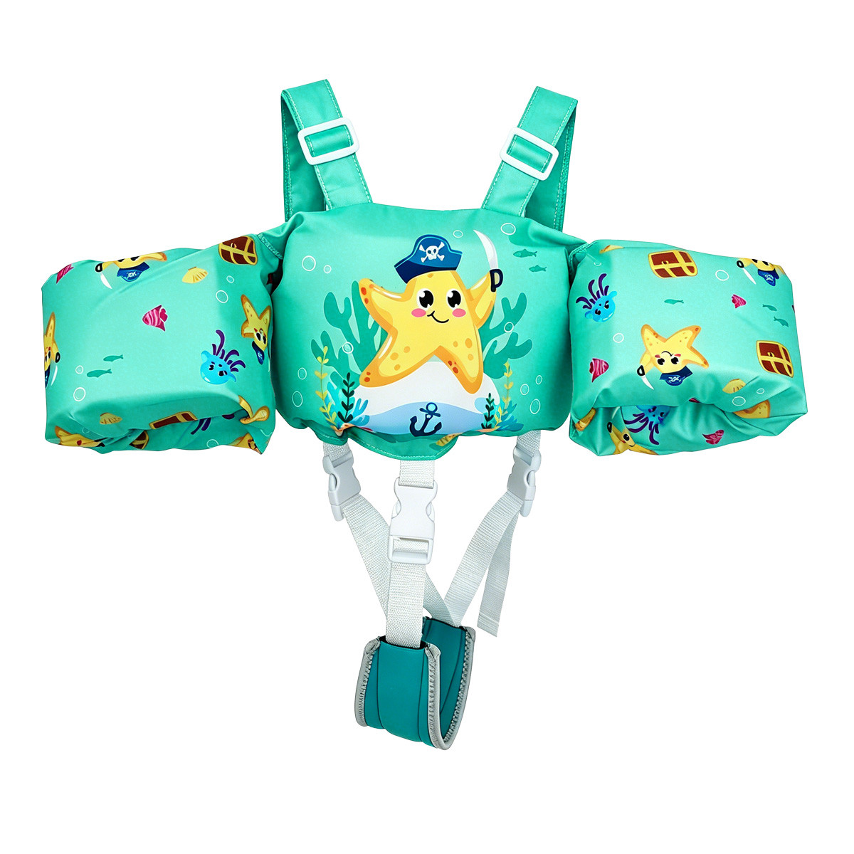 L271 Toddler Swim Vest Integrated Arm Floaties Adjustable Kids Flotation Vest Cartoon Print for Swimming Pool Beach