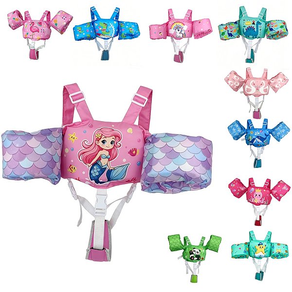 Toddler Swim Vest Integrated Arm Floaties Adjustable Kids Flotation Vest Cartoon Print for Swimming Pool Beach