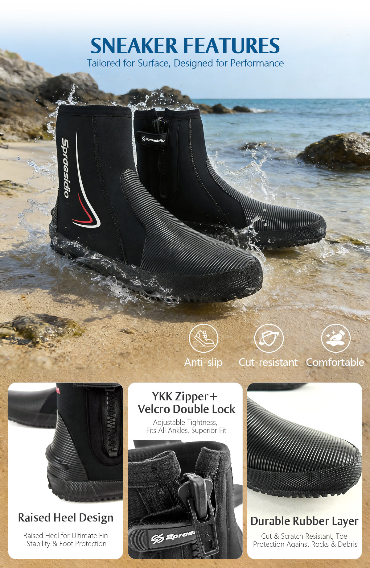 O165_03 5mm Neoprene Diving Boots, Anti‑Slip Rubber Sole Wetsuit Boots for Snorkeling Surfing Beach Water Sports