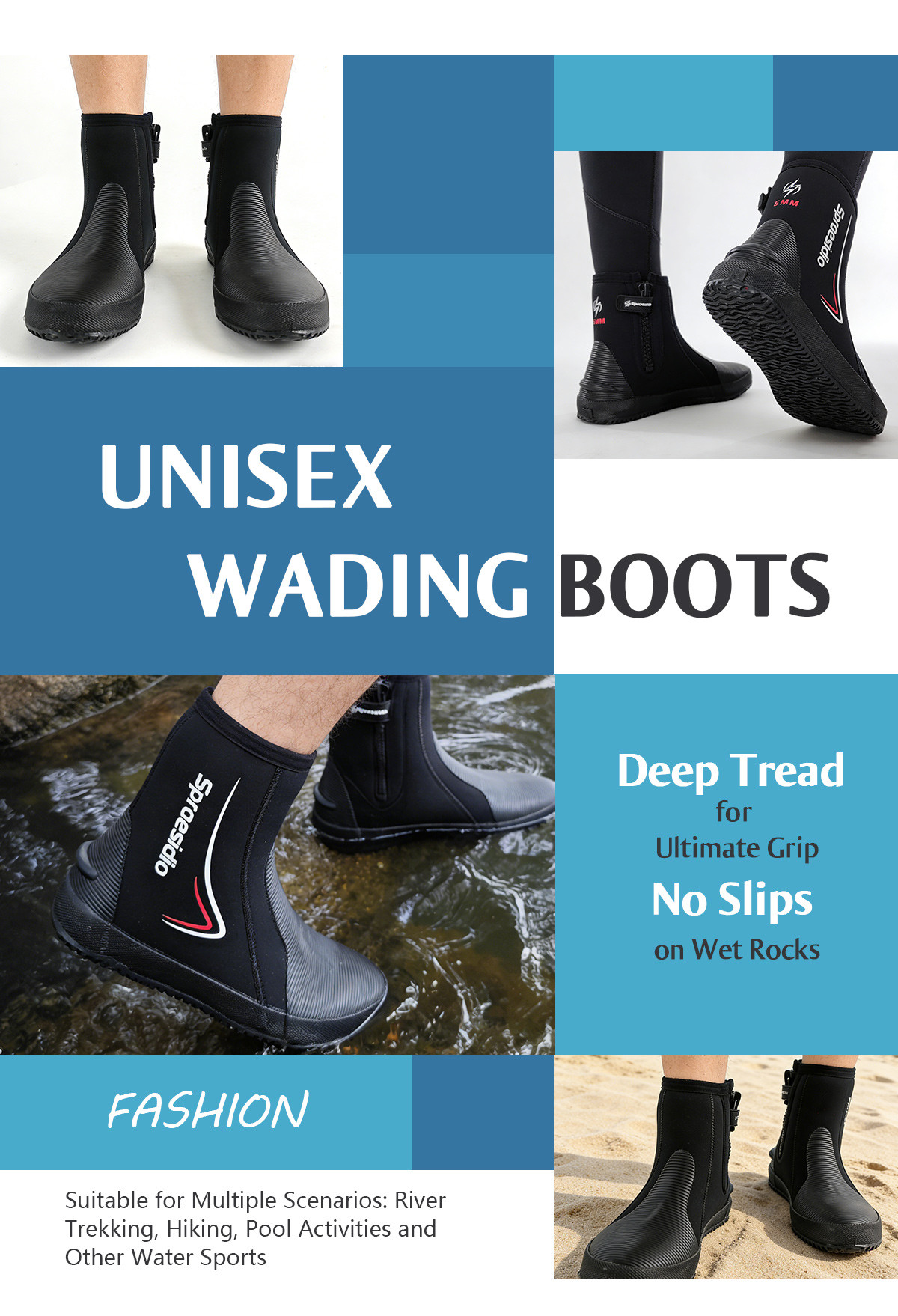 O165_04 5mm Neoprene Diving Boots, Anti‑Slip Rubber Sole Wetsuit Boots for Snorkeling Surfing Beach Water Sports