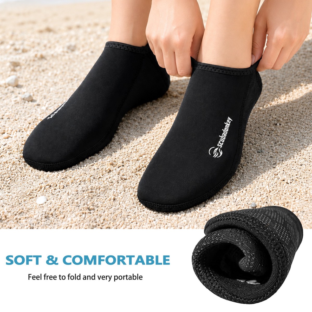 Inner material detail of Scubadonkey custom logo sand socks, soft stretch neoprene fabric