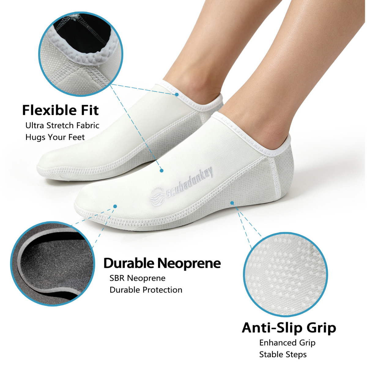 Close‑up view of Scubadonkey neoprene water socks, textured non‑slip sole fabric detail