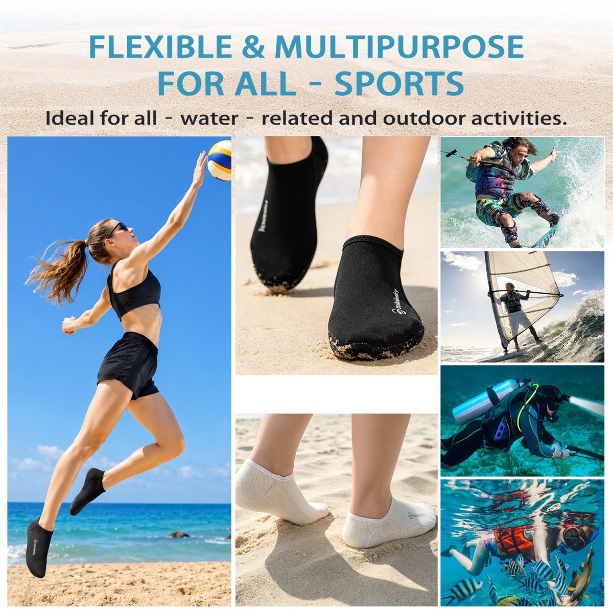 Scubadonkey Neoprene Water Socks, Anti‑Slip Beach Diving Socks Black & White for Men Women