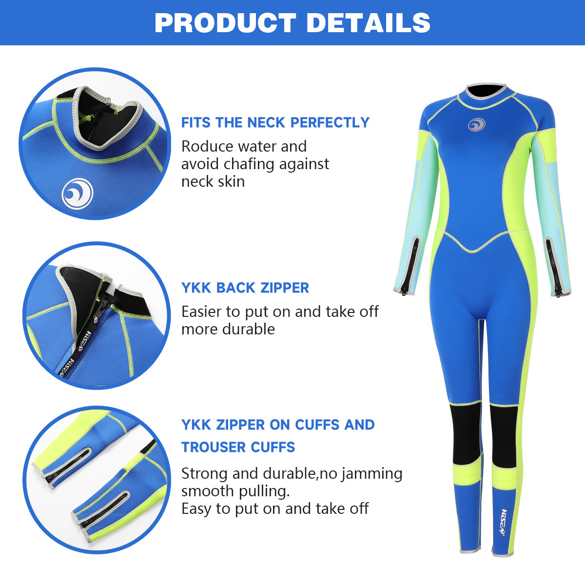 4 Women blue full wetsuit with neon yellow panels for diving and surfing