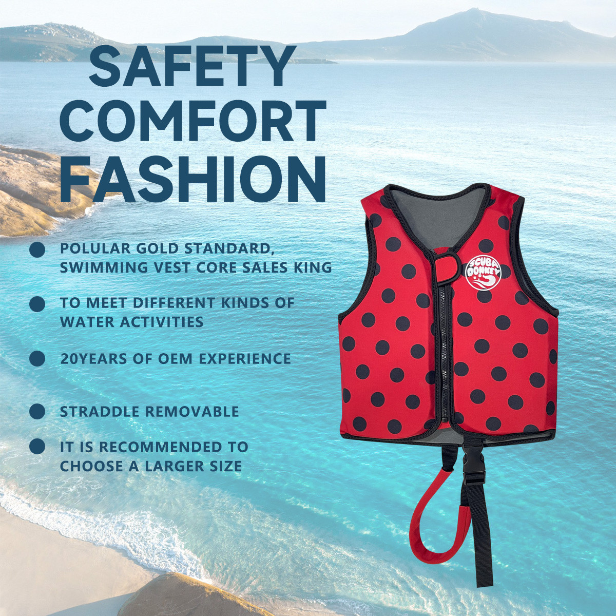 1 Cute Polka Dot Toddler Life Vest Kids Swim Safety Flotation Jacket with Crotch Strap for Beach Pool Water Play
