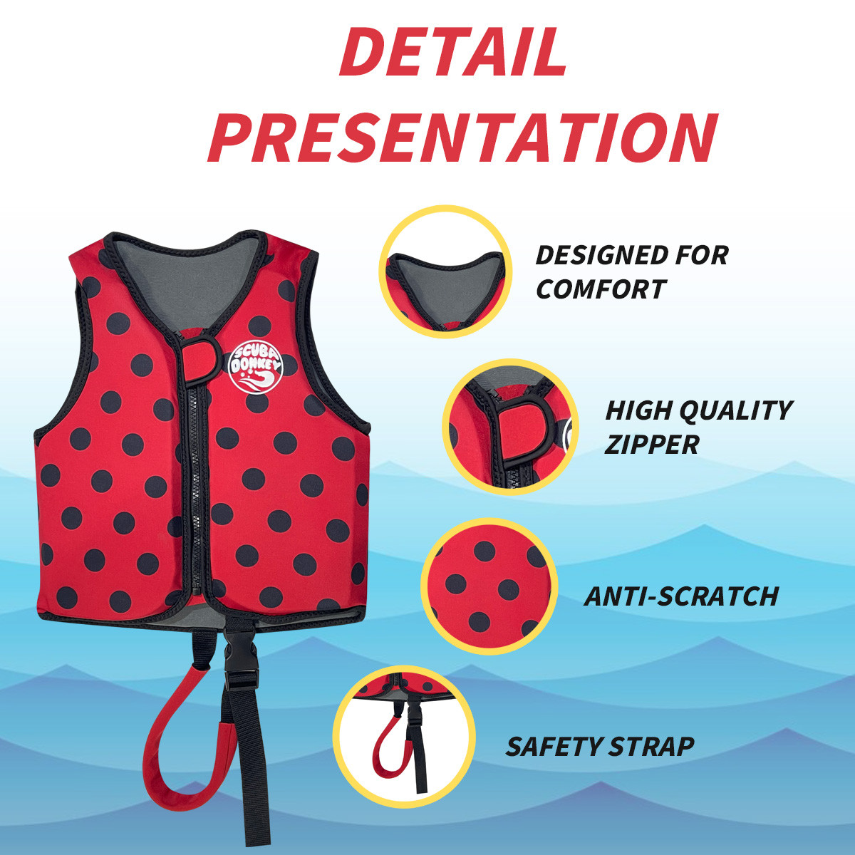 6 Toddler Kids Polka Dot Life Vest Child Safety Flotation Jacket for Swimming Beach Pool Water Sports
