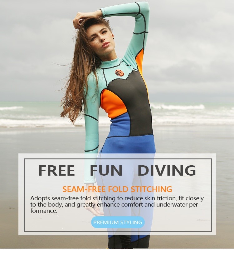 M084_01 Women Full Body Freediving Wetsuit, Neoprene Long Sleeve Snorkeling Surfing Suit with Reinforced Knee Pads