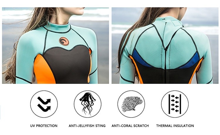M084_02 Women Full Body Freediving Wetsuit, Neoprene Long Sleeve Snorkeling Surfing Suit with Reinforced Knee Pads