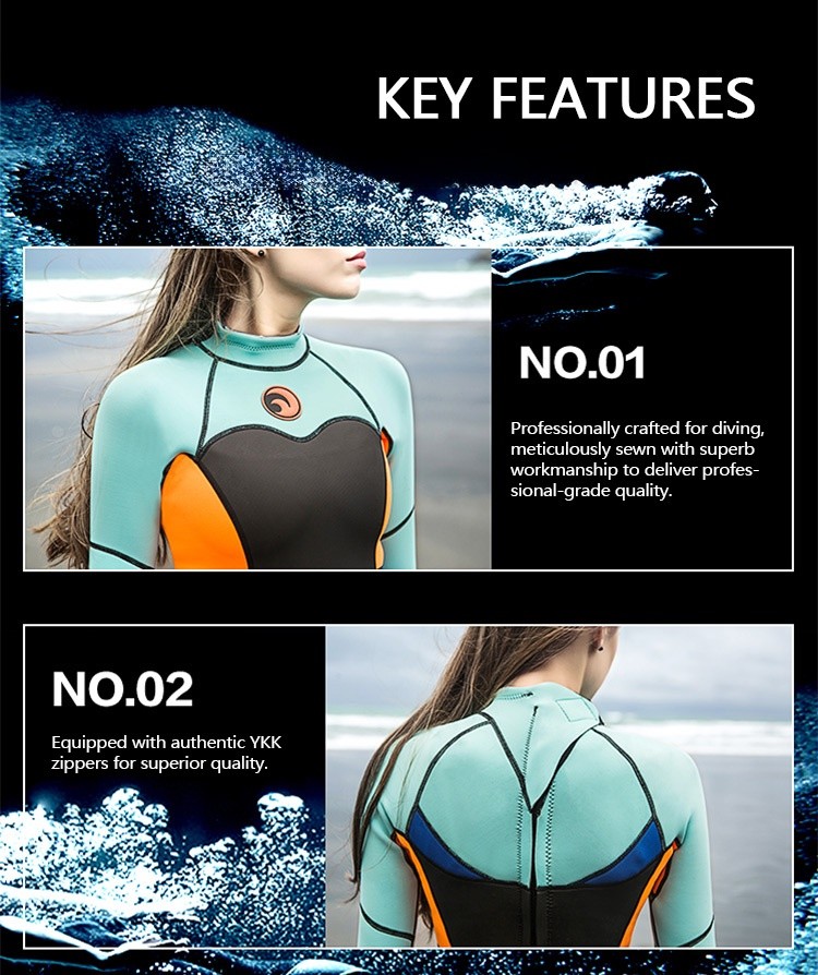 M084_07 Women Full Body Freediving Wetsuit, Neoprene Long Sleeve Snorkeling Surfing Suit with Reinforced Knee Pads