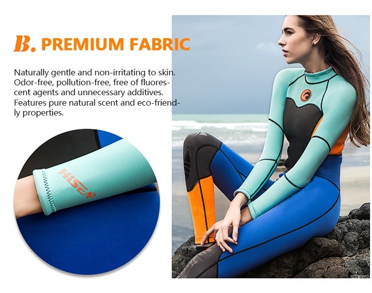 M084_10 Women Full Body Freediving Wetsuit, Neoprene Long Sleeve Snorkeling Surfing Suit with Reinforced Knee Pads