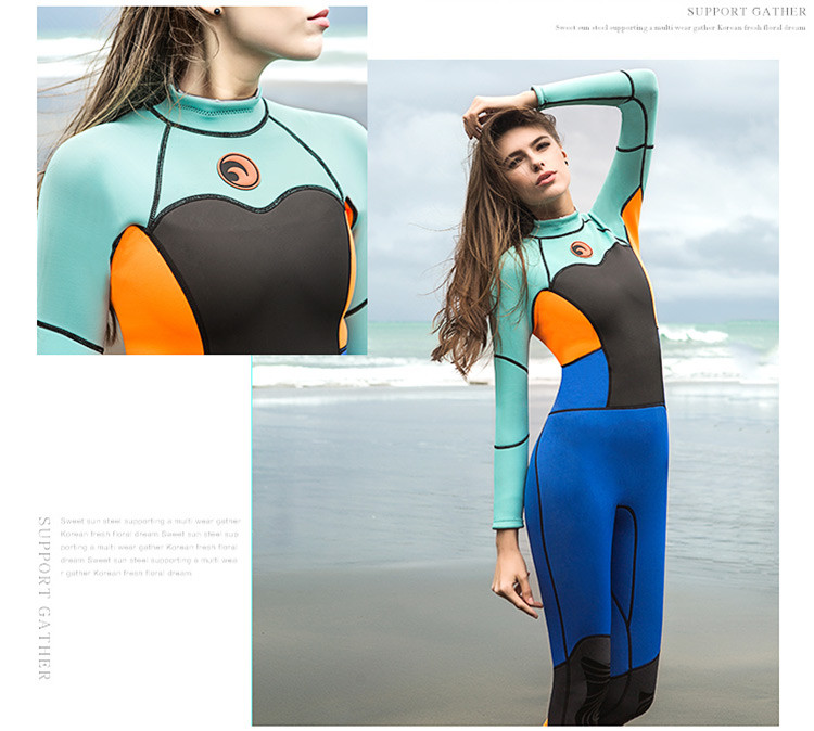 M084_14 Women Full Body Freediving Wetsuit, Neoprene Long Sleeve Snorkeling Surfing Suit with Reinforced Knee Pads