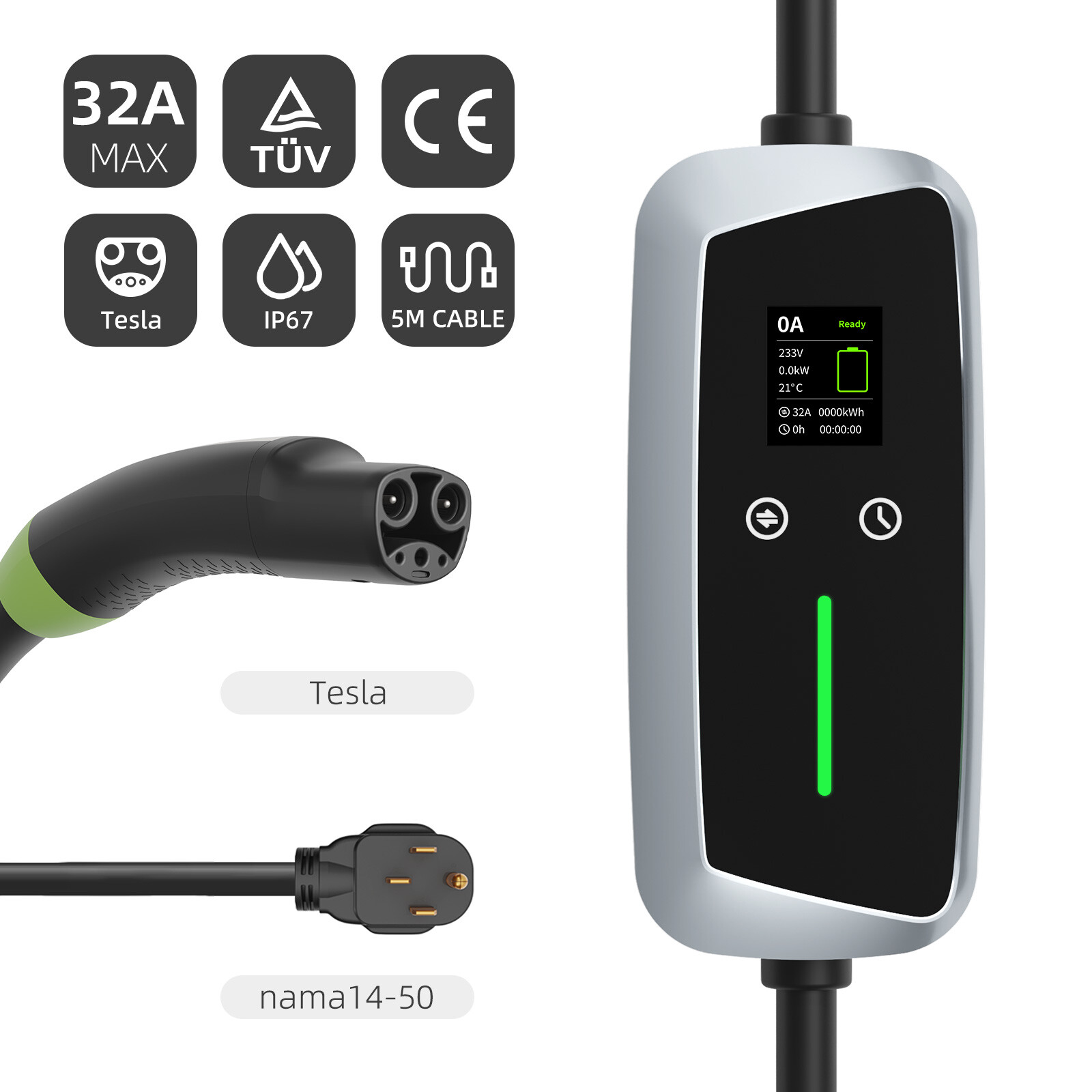 Cargador portátil para EV NACS 9.6kw con pantalla LCD