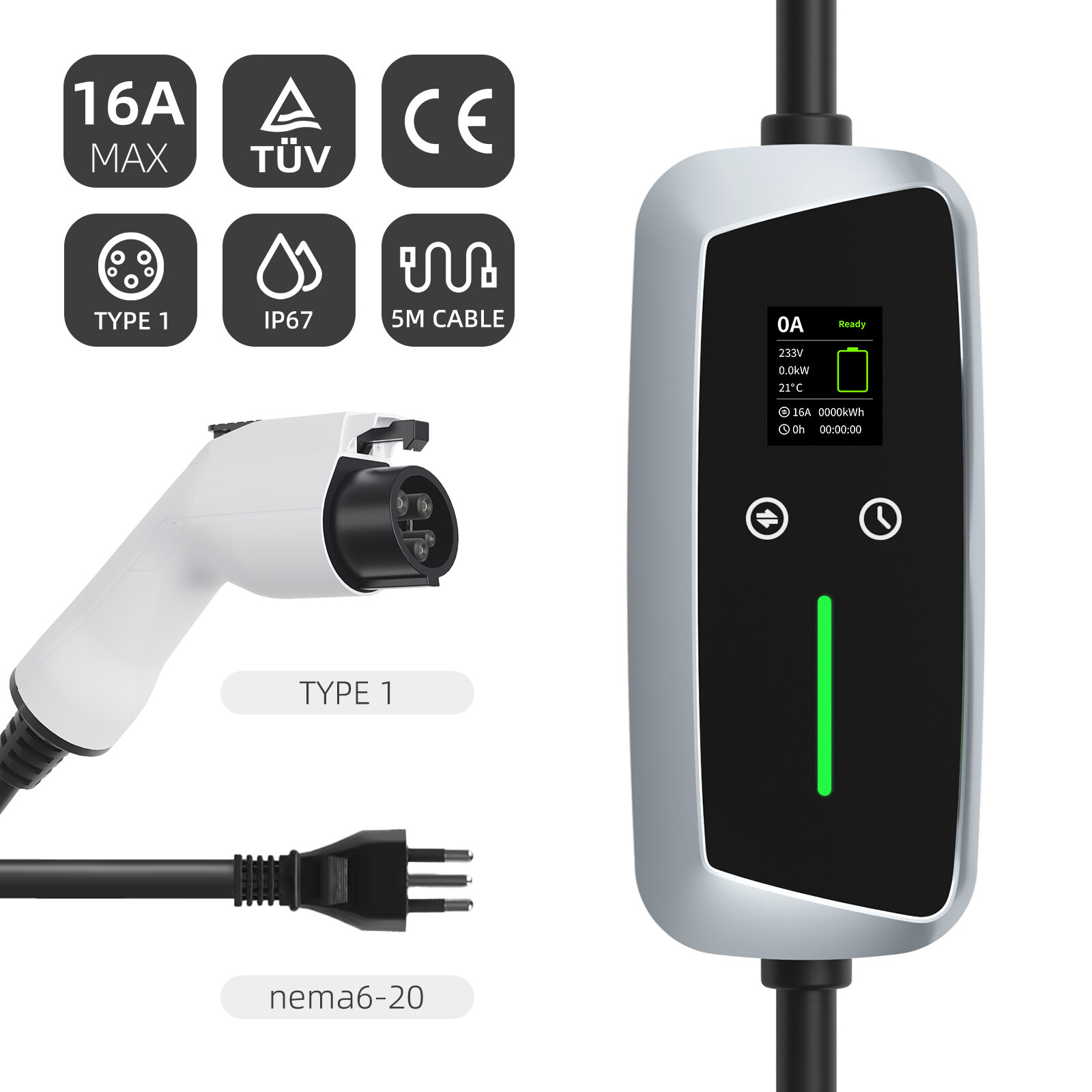 Cargador portátil para VE Tipo 1 de 7.4kw con pantalla LCD