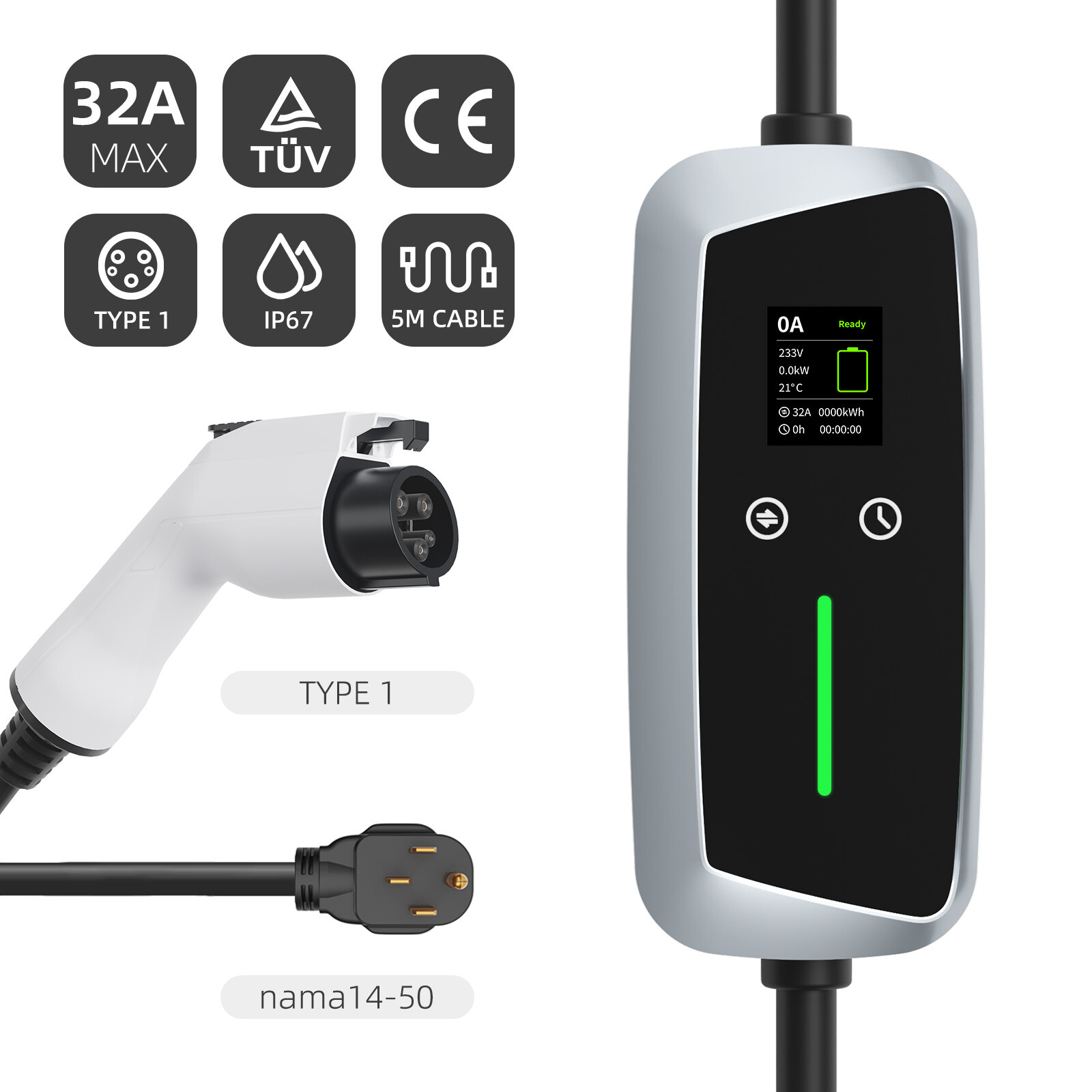 Cargador portátil para VE Tipo 1 de 7.4kw con pantalla LCD