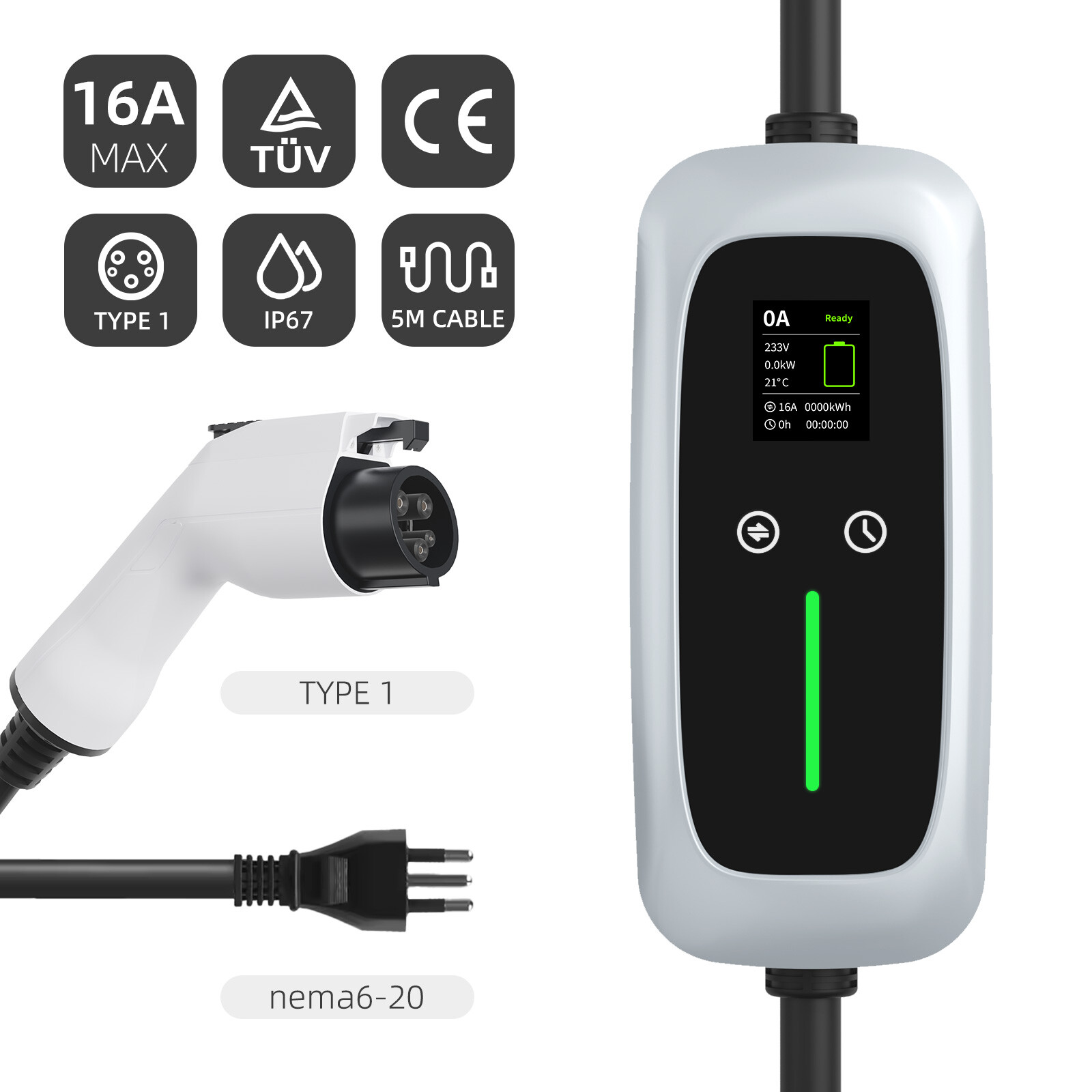 Cargador portátil para VE Tipo 1 de 7.4kw con pantalla LCD