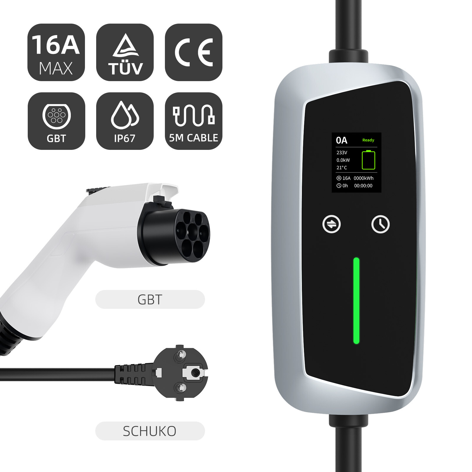 Cargador portátil EV GBT 7.4kw con pantalla LCD