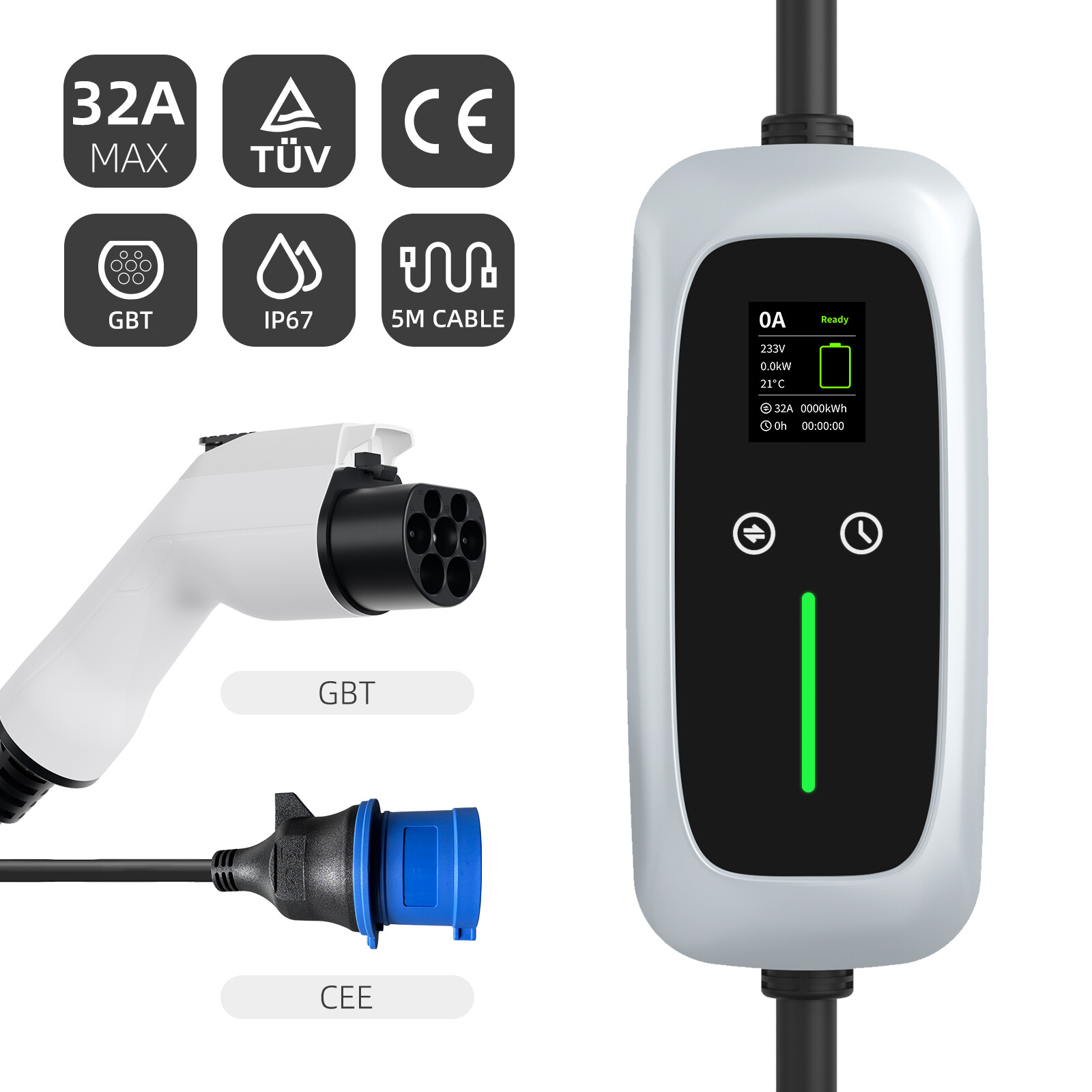 Cargador portátil EV GBT 7.4kw con pantalla LCD