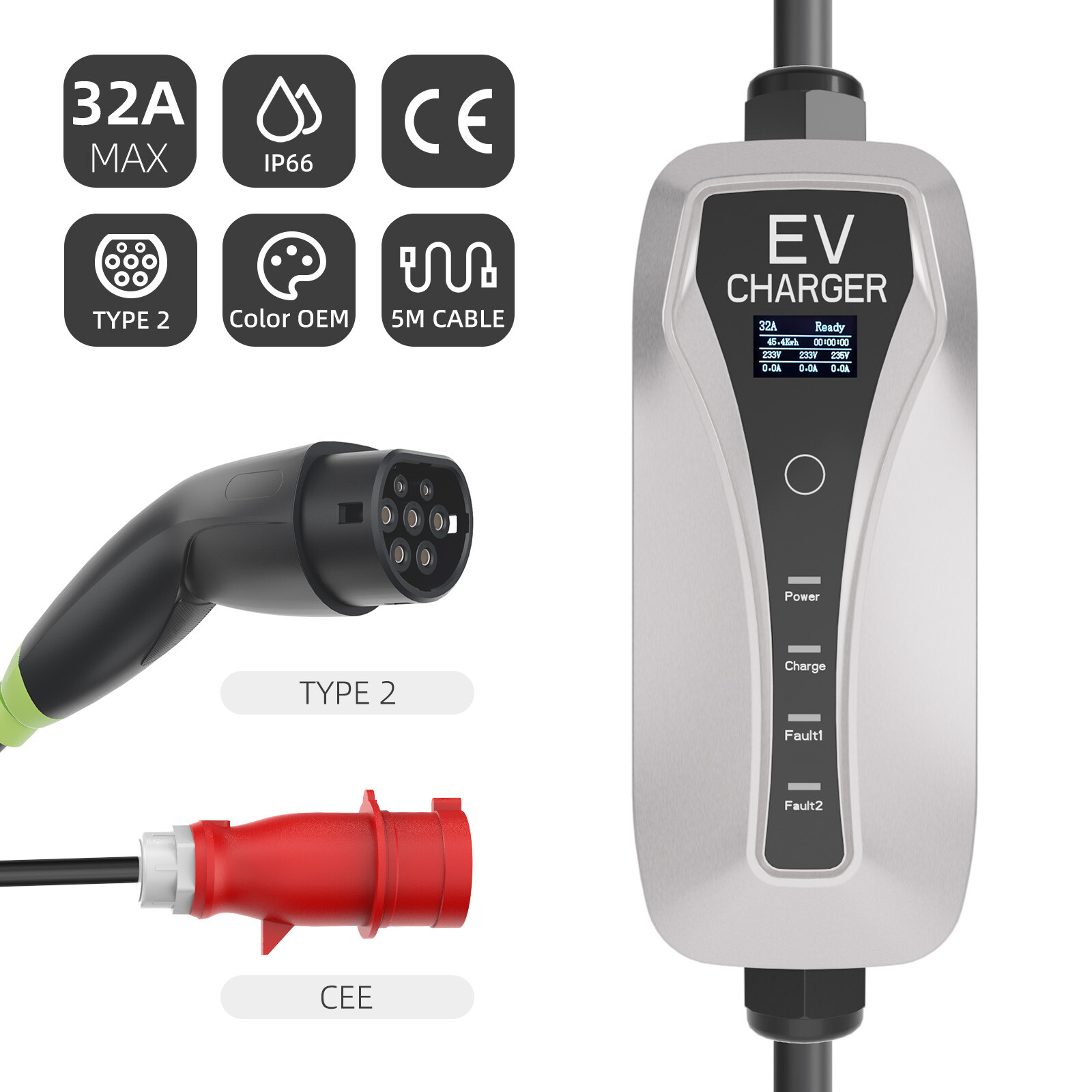 Cargador portátil para vehículos eléctricos Tipo 2 22kw 3 fases
