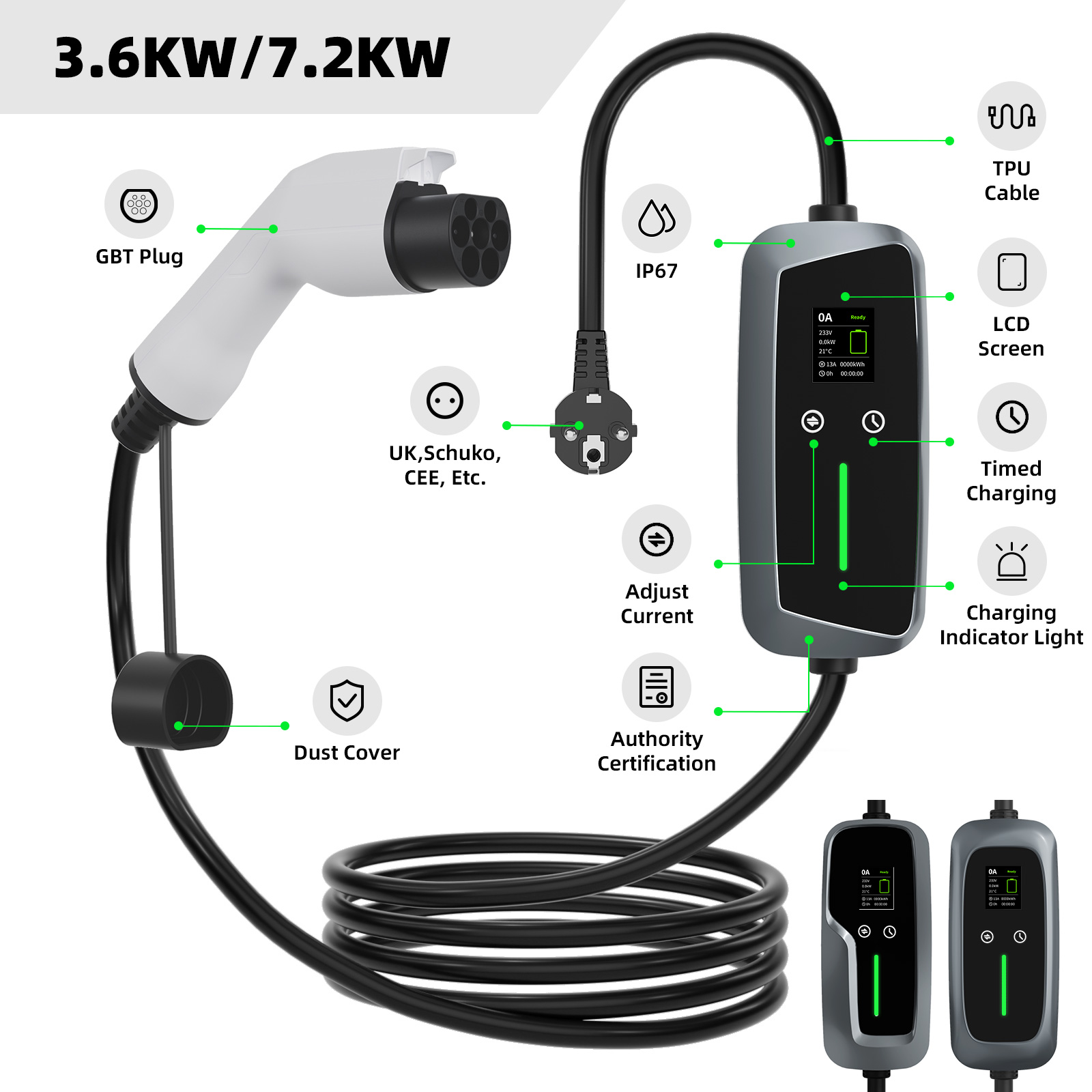 Cargador portátil EV GBT 7.4kw con pantalla LCD