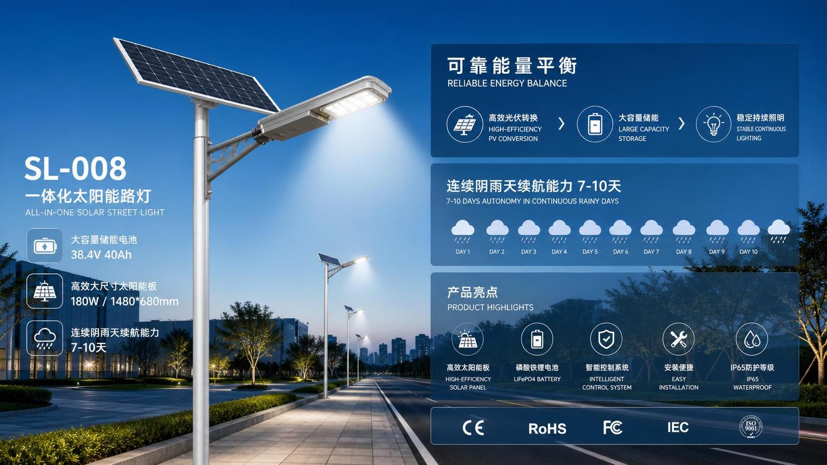Capacité de la batterie, taille du panneau solaire et jours de secours dans l’éclairage public solaire SL-008