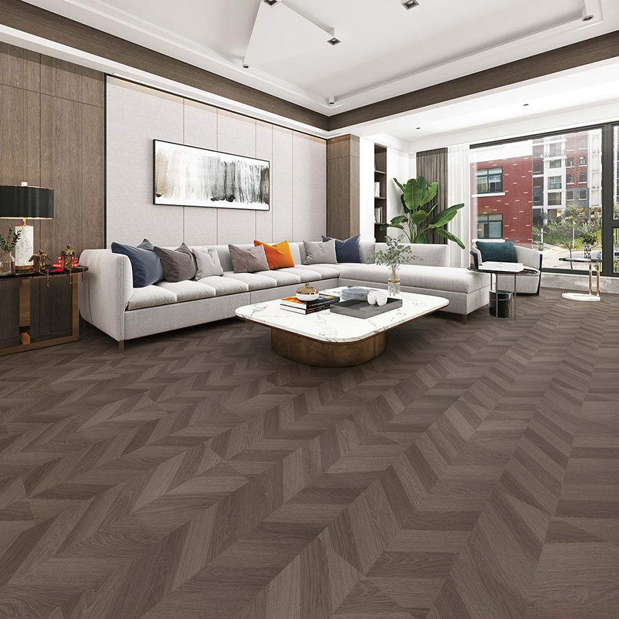 Gray-Brown SPC Chevron Flooring-Waterproof Fireproof Eco-Friendly Anti-Slip-for Malls & Residential Spaces