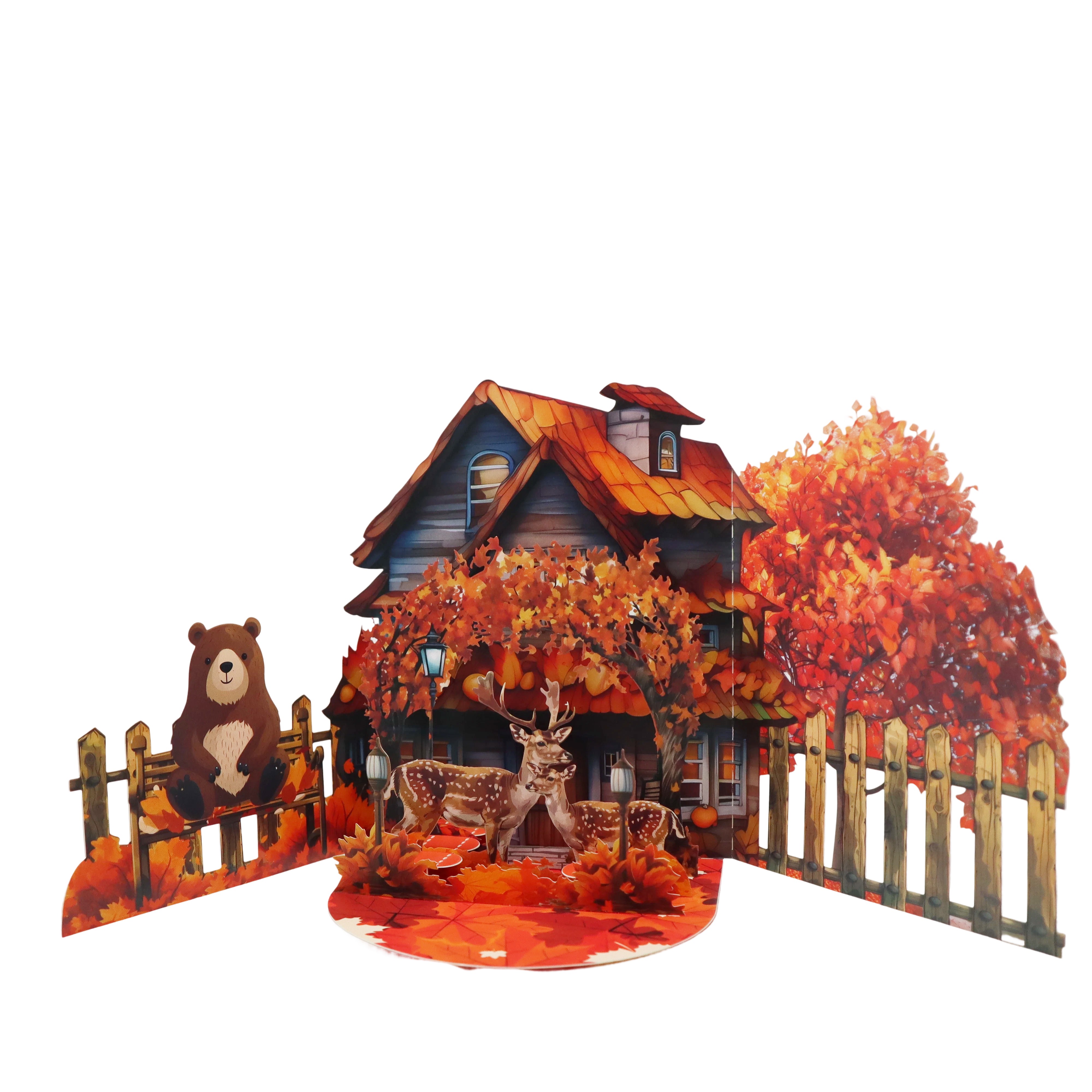 A greeting card featuring autumn maple leaves and a little deer