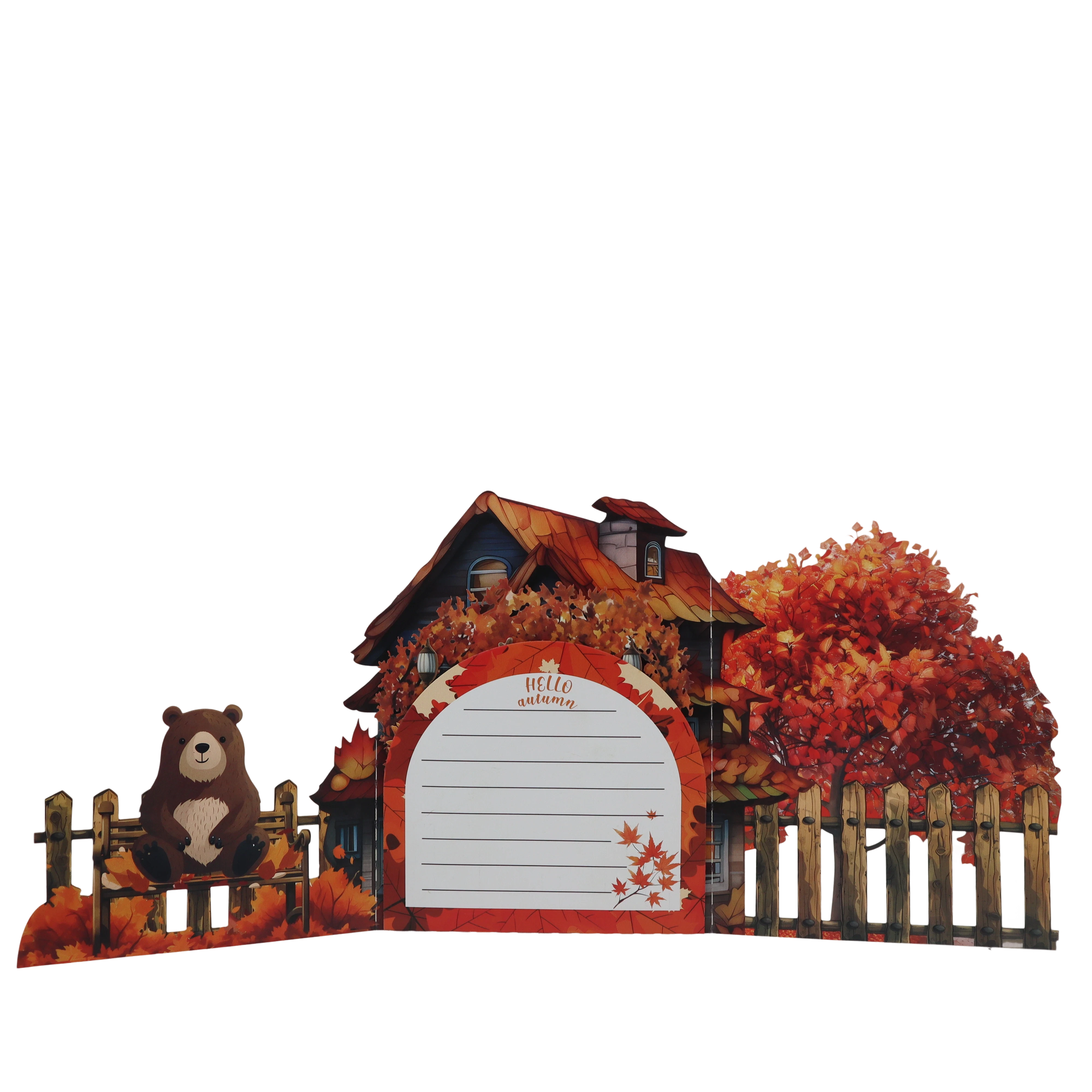 A greeting card featuring autumn maple leaves and a little deer
