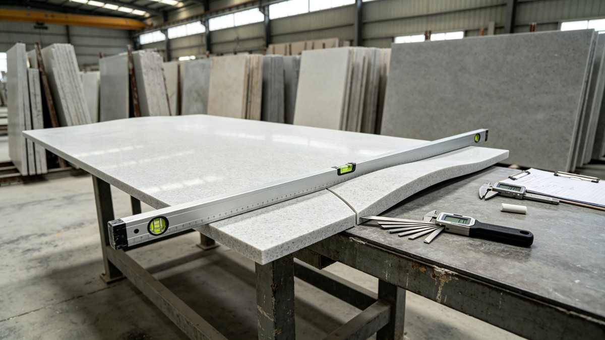 Checking the flatness of a quartz slab with a spirit level to prevent warping Checking the flatness of a quartz slab with a spirit level to prevent warping