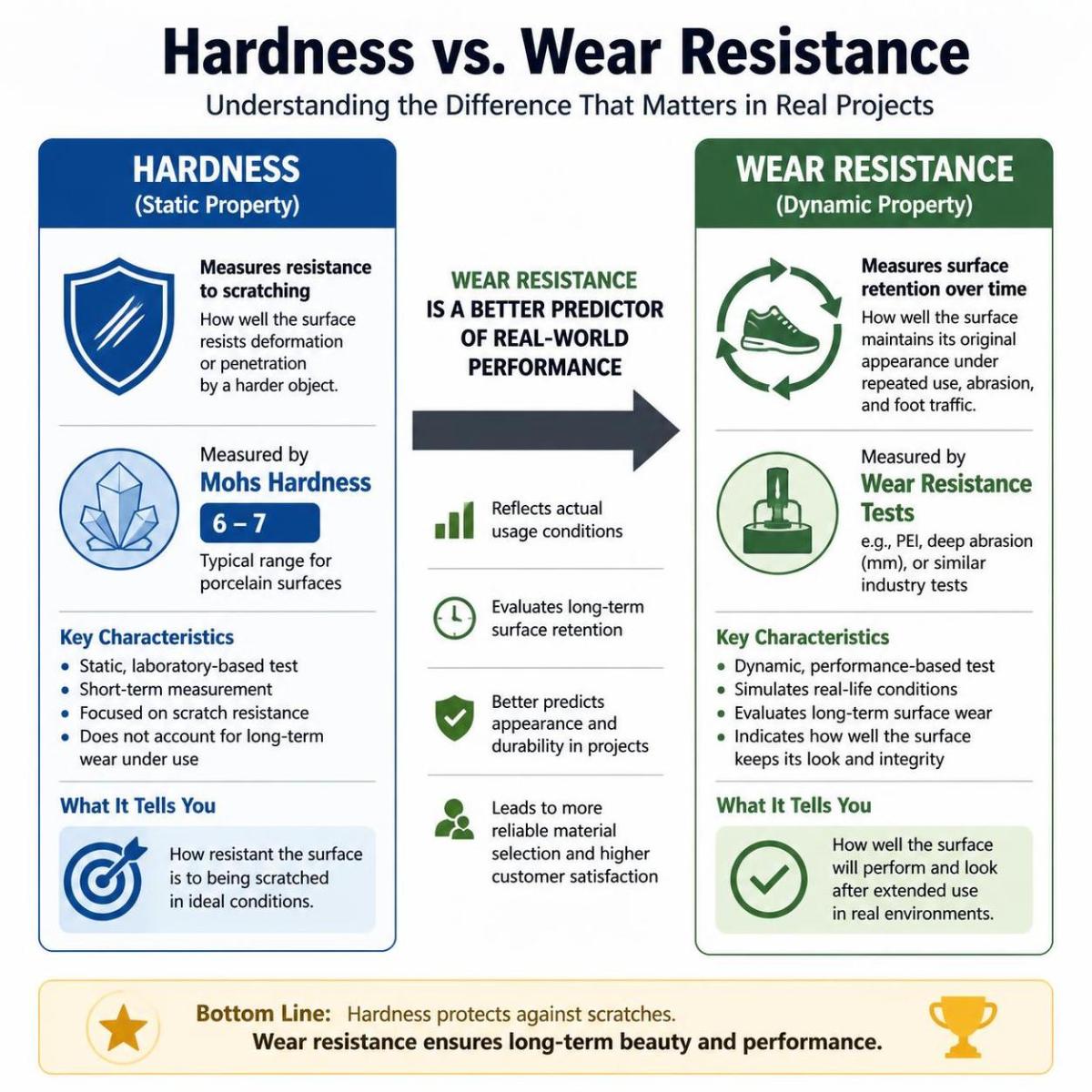 Hardness versus wear resistance comparison chart for engineered quartz