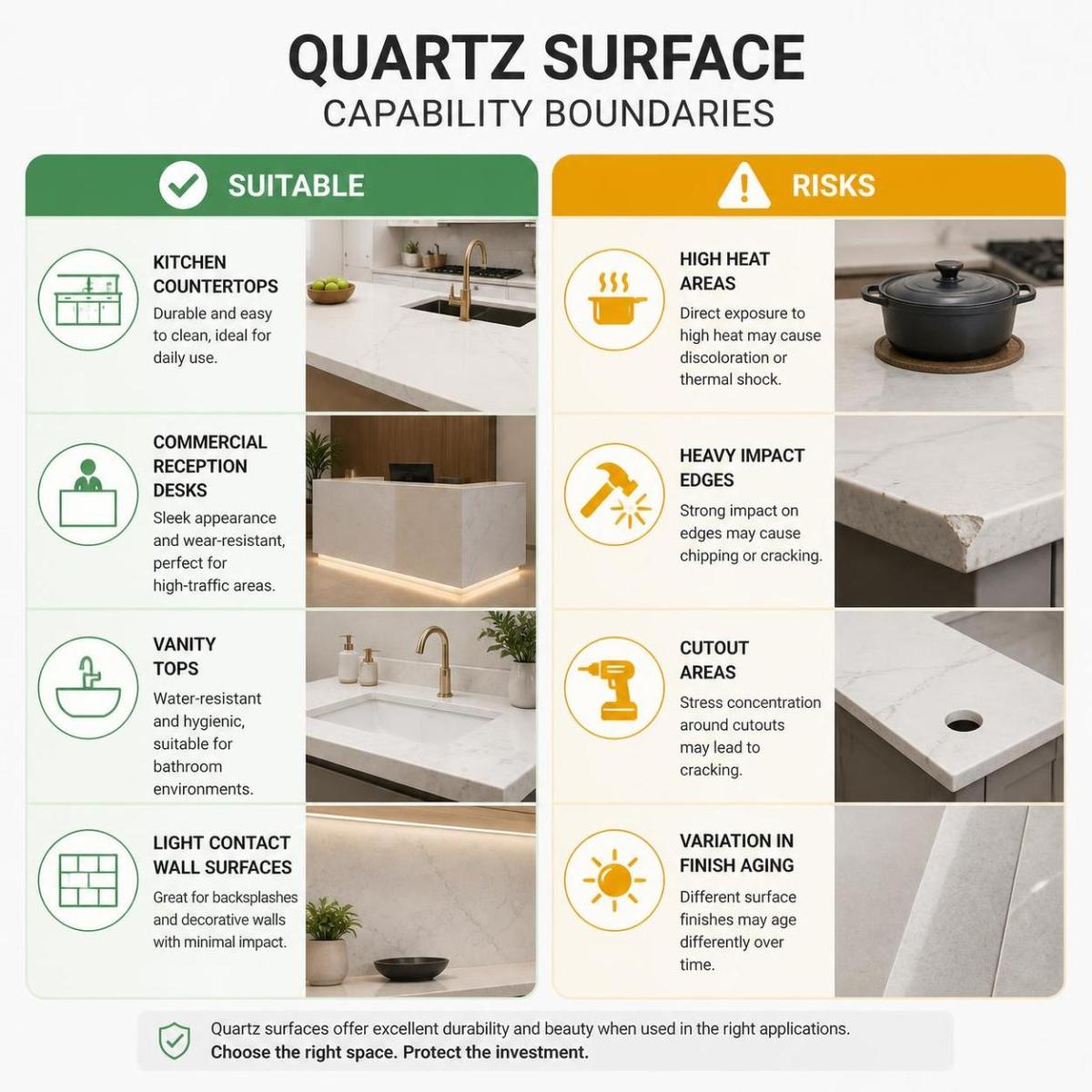 Infographic of quartz surface capability boundaries for different applications
