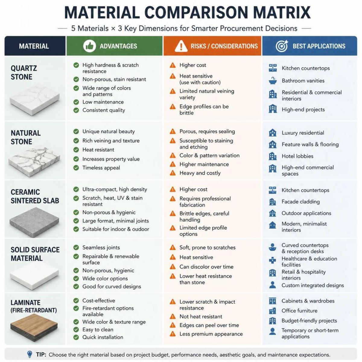 Material comparison matrix of quartz, natural stone, ceramic and laminate