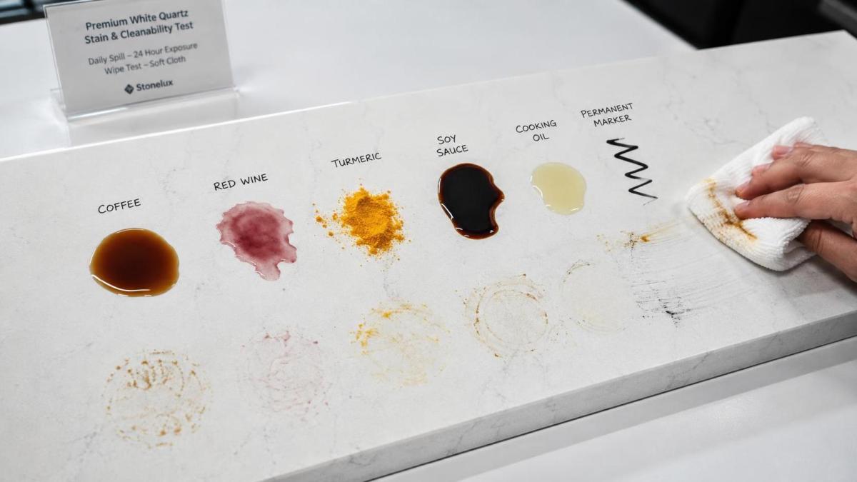 Stain test panel showing coffee, wine and sauce marks wiped off a quartz sample Stain test panel showing coffee, wine and sauce marks wiped off a quartz sample