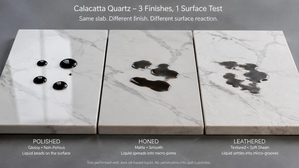 Polished, honed and leathered quartz surfaces compared in a stain resistance test Polished, honed and leathered quartz surfaces compared in a stain resistance test