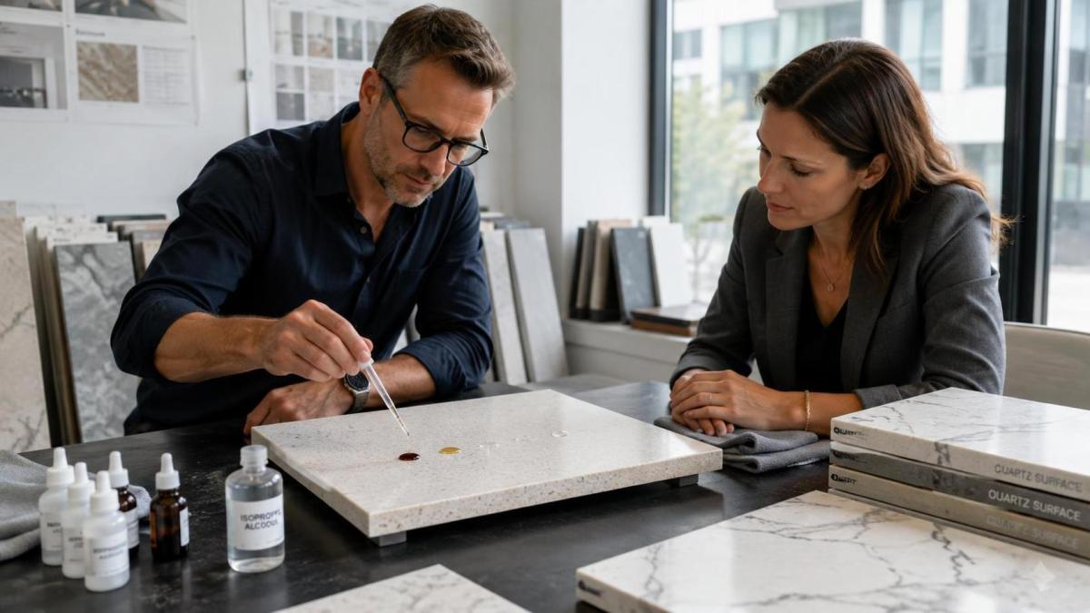 Designers reviewing quartz countertop samples for stain resistance Designers reviewing quartz countertop samples for stain resistance