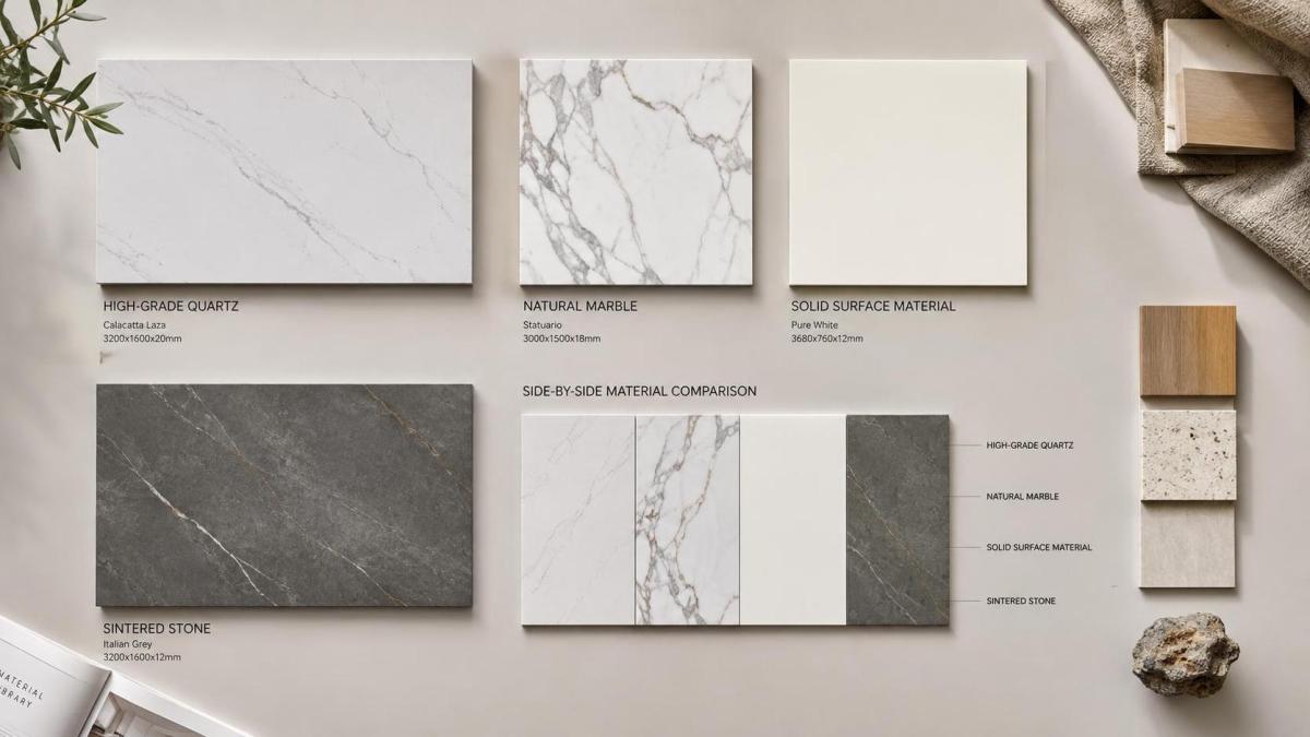 Flat-lay of quartz slab samples tested for stain resistance Flat-lay of quartz slab samples tested for stain resistance