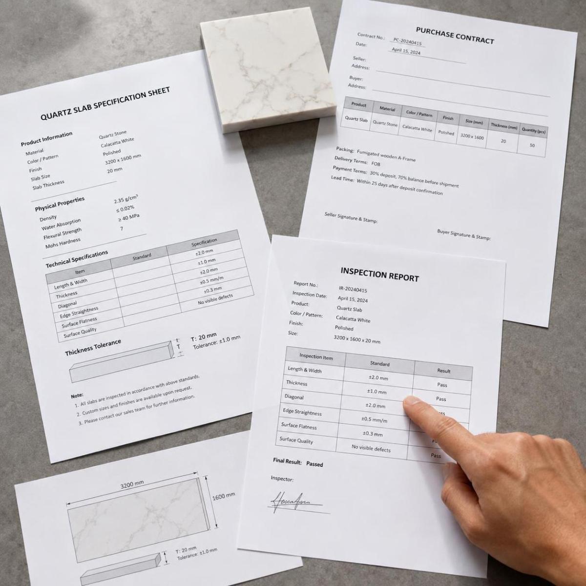 Quartz slab specification sheet, purchase contract and inspection report on a desk Quartz slab specification sheet, purchase contract and inspection report on a desk