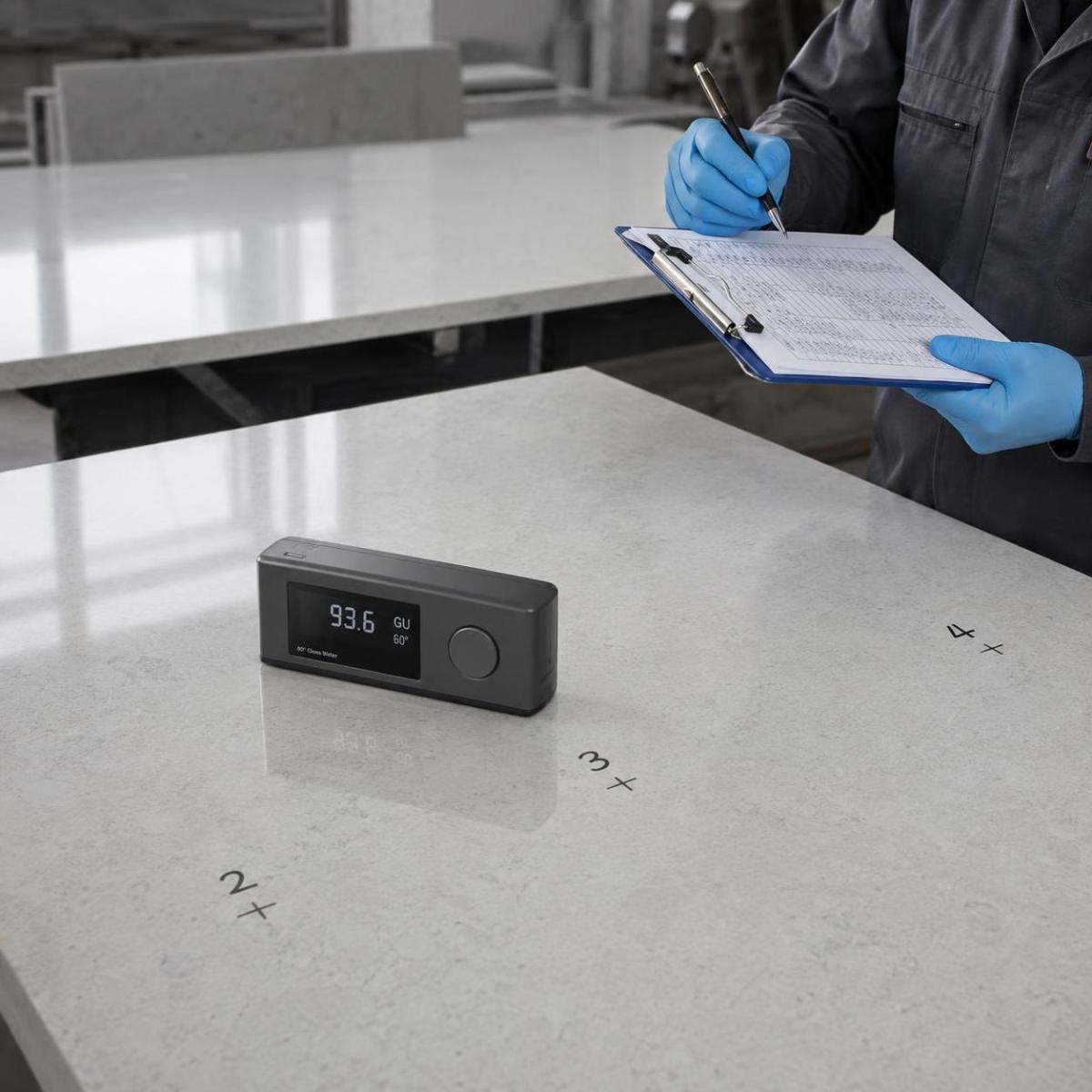 Technician measuring the gloss level of a polished quartz countertop with a gloss meter Technician measuring the gloss level of a polished quartz countertop with a gloss meter