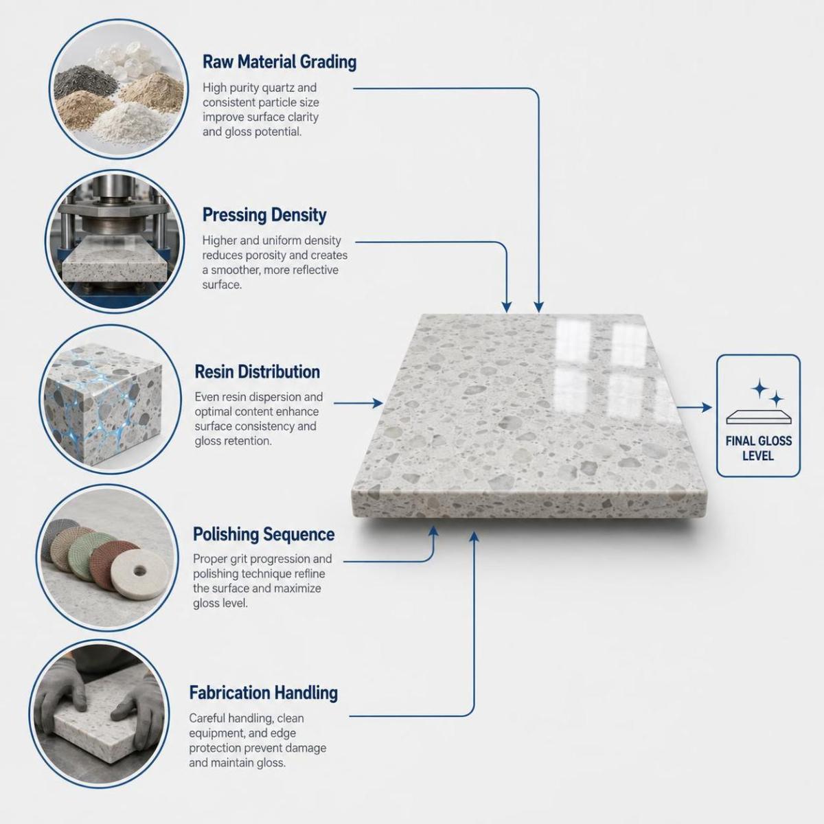 Diagram explaining how polished quartz surface gloss is achieved from raw material to polishing Diagram explaining how polished quartz surface gloss is achieved from raw material to polishing