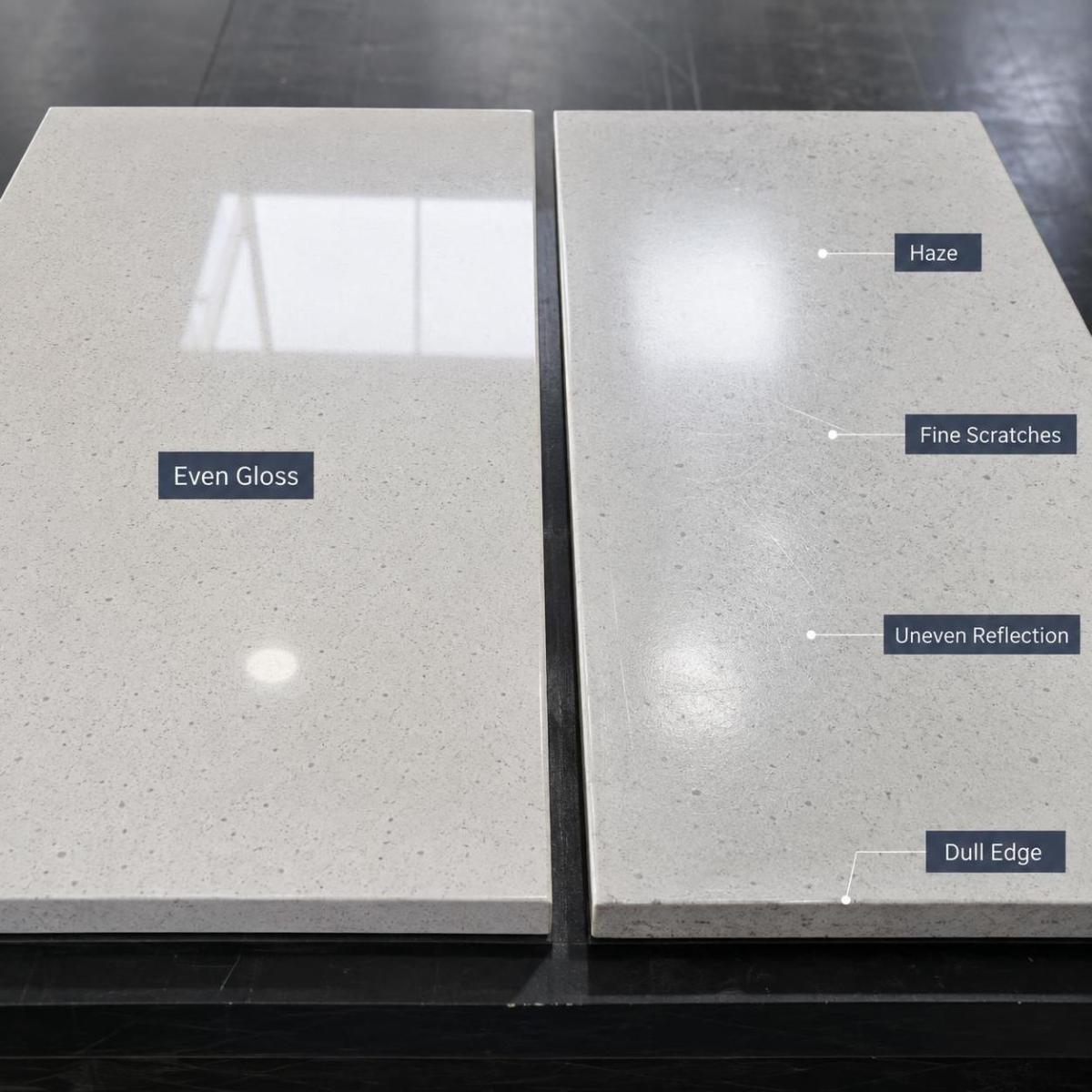 Comparison of an even-gloss quartz surface with a hazy and scratched surface Comparison of an even-gloss quartz surface with a hazy and scratched surface