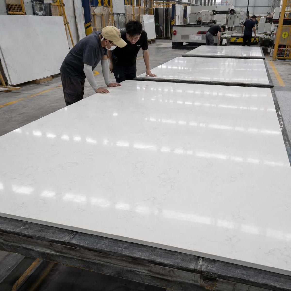 Workers inspecting large quartz slabs for color consistency before export Workers inspecting large quartz slabs for color consistency before export